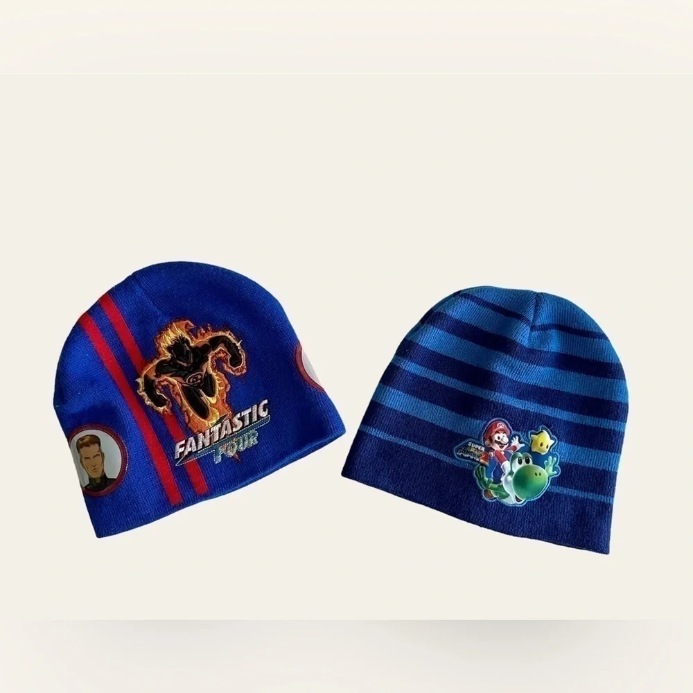 NWOT, FANTASTIC FOUR & NINTENDO, BOYS SOCK HATS. ONE SIZE.